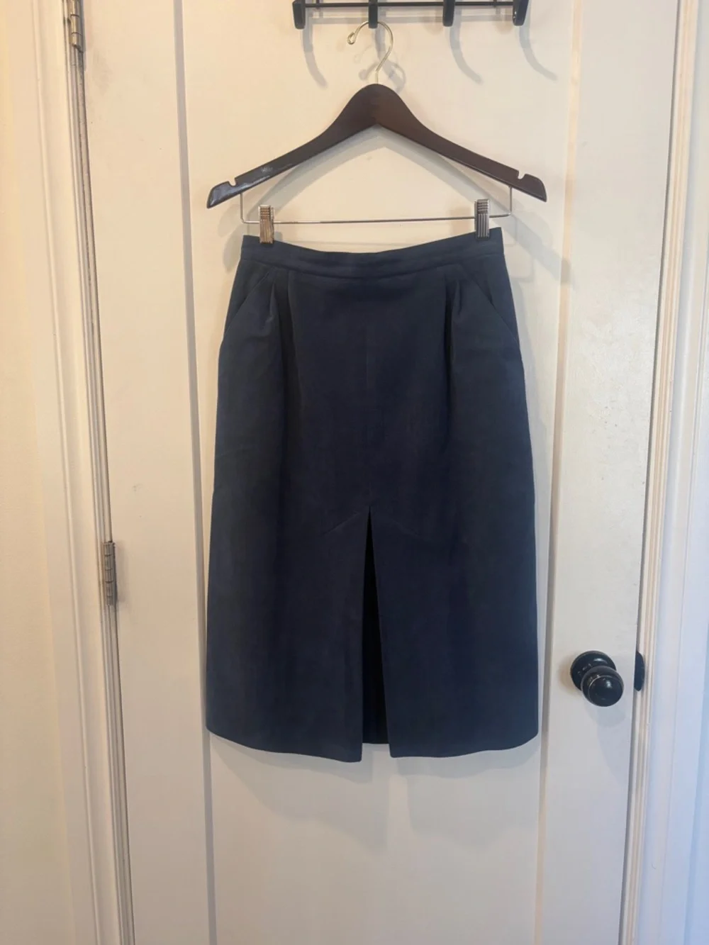 Vintage 70s Navy Women's Suede Coat, Jacket and skirt Set - Picture 2 of 16